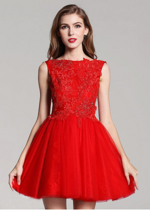 Red Lace Tulle Short Evening Dress